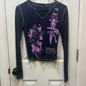 Ed Hardy Women's Dark Blue and Light Purple Long Sleeve Tee